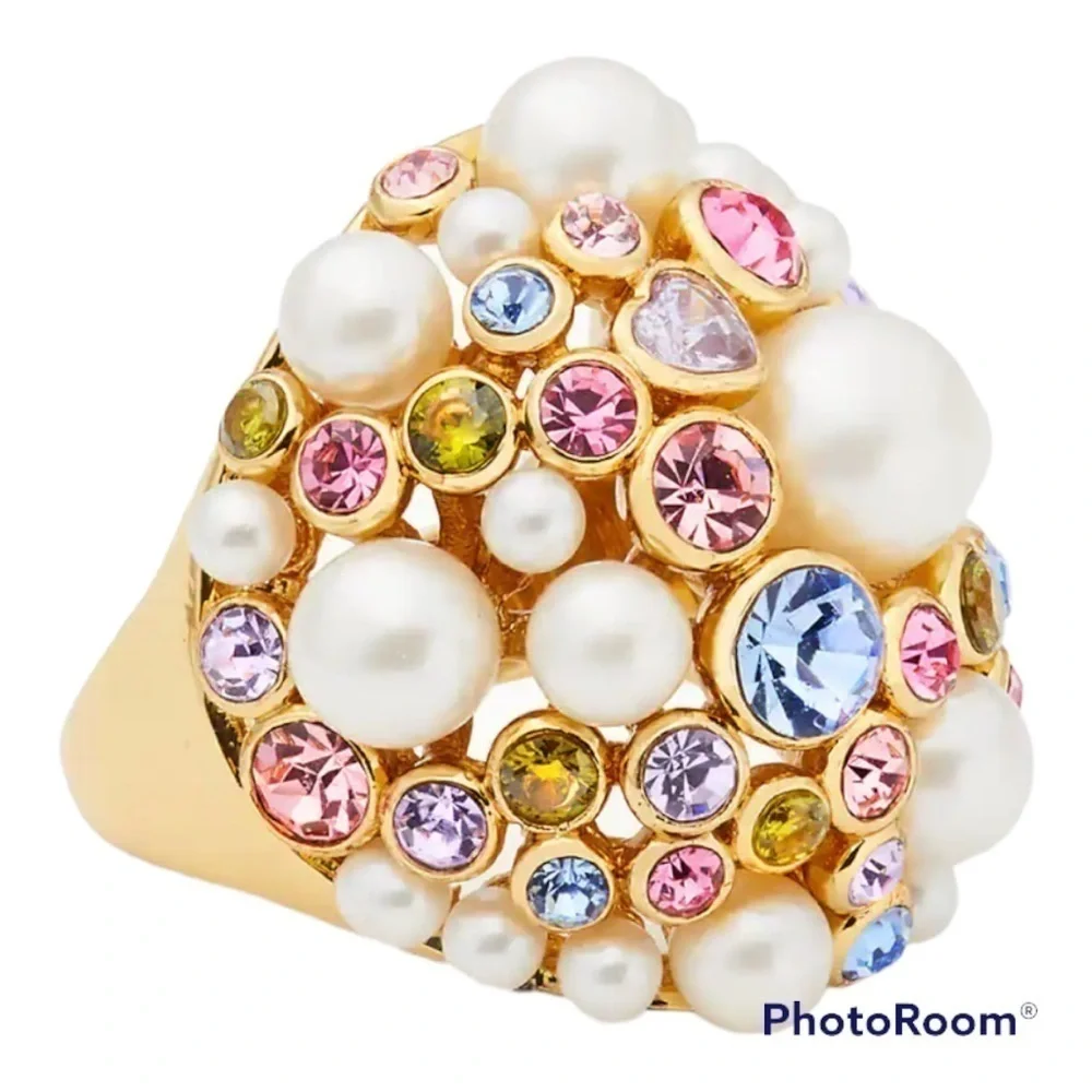 🆕kate spade♠️Stunning Cream Pearl Caviar Multi Color Stones Statement Ring SZ 5